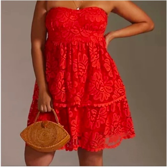 Maeve Dresses & Skirts - Anthropologie Maeve NWT Red Strapless Lace Tiered Mini Dress Size 3X